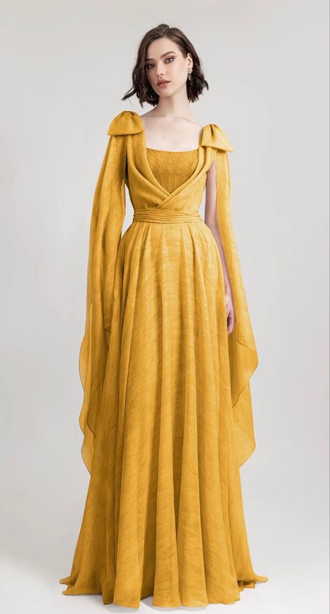 Dress With Draping, Mustard Dress, Drape Gowns, Mustard Dressing, Fantasy Dresses, Fantasy Gowns, Fantasy Dress, Bow Design, Mode Inspo