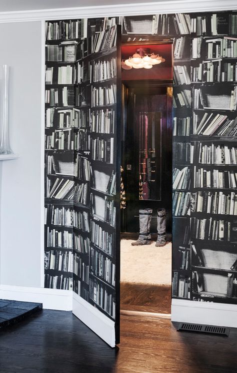 Closet by Bashford Design | hidden room | hidden door | hidden closet | bookshelf wallpaper | black and white wall | interior design ideas Gömda Rum, Cool Secret Rooms, Dold Dörr, Hidden Door Bookcase, Hidden Closet, Bookcase Door, Hidden Spaces, Secret Room, Hidden Rooms