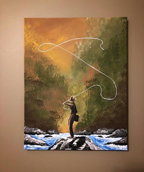 11X14 Acrylic Painting #acrylicpainting #river #fisherman #flyfishing #riverfishing #fish #fishermanpainting #fishing #outdoors… Fisherman Painting Acrylics, Diver Paintings, Fishing Canvas Painting, Fly Fishing Painting, Fisherman Painting, Fishing Painting, Watercolor Scenes, Fish Paintings, Painting Fish