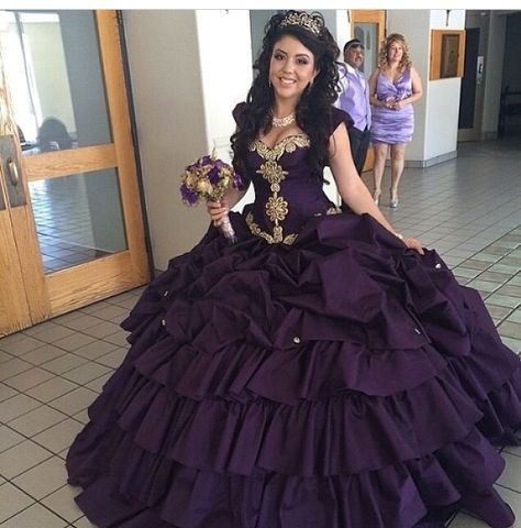 Dark purple dress with gold Dark Purple And Gold Quinceanera Theme, Quince Dresses Dark Purple, Dark Purple Quinceanera, Purple And Gold Quinceanera Dresses, Quinceanera Dresses Dark Purple, Dark Purple Quince Dresses, Dark Purple Quince, Dark Purple Ball Gown, Dark Purple Quinceanera Theme