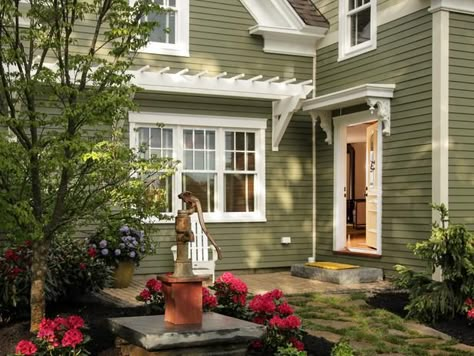 Front Door Pergola, Siding Remodel, Pond Deck, Yard Pond, Door Pergola, Green House Exterior, Front Yard Patio, Traditional Windows, Yard Sculptures