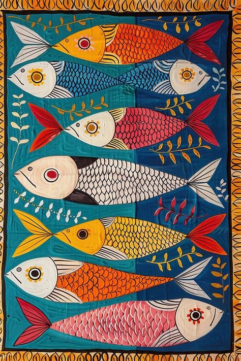 Traditional colorful Madhubani painting of fish on a textured background. vector illustration Traditional Madhubani Art, Painting Of Fish, Madhubani Fish, Indian Truck, Tropical Fish Art, Background With Flowers, Gond Painting, Brain Gym, Arabic Pattern