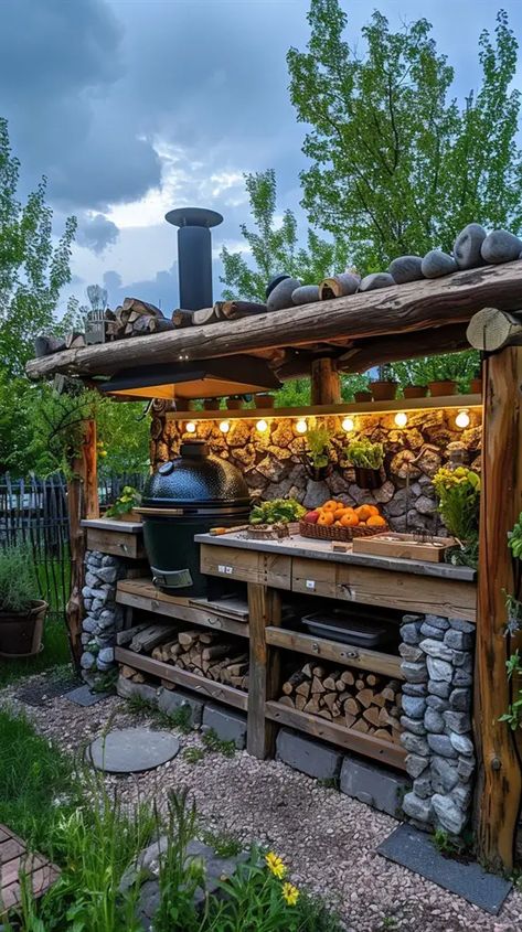 56 Outdoor Grill Stations Ideas for Every Style - DecorWithEva Outdoor Kitchens Ideas, Grill Stations, Rustic Outdoor Kitchen, Rustic Outdoor Kitchens, Outside Grill, Outdoor Grill Area, Outdoor Grill Station, Outdoor Cooking Area, Kitchens Ideas