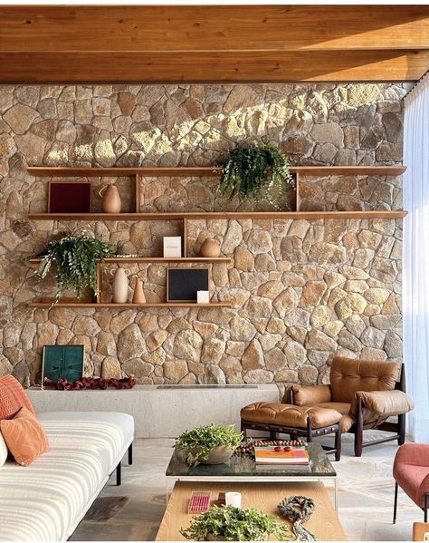 Rock Wall Inside House, Living Room With Stone Wall Interior Design, Stone Wall Interior Living Room, Stone Apartment, Stone Wall Interior Design, Stone Cladding Exterior, Stone Walls Interior, Stone Wall Design, Mediterranean Interior