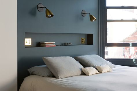 Two Professionals Take on a San Francisco Remodel Bed Back Wall Design With Niche, Wall Niche Bedroom, Bedroom Wall Niche Ideas, Niche In Bedroom, Niche Design Wall Bedroom, Bed Lights Wall, Bedroom Wall Niche, Bedroom Niche, Bedroom Wall Lighting