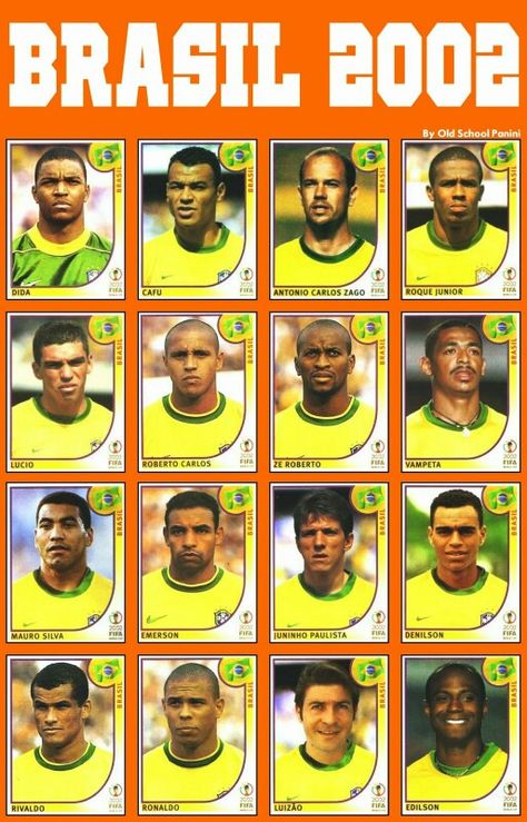 Brazil stickers for the 2002 World Cup Finals. God Of Football, Brazil Team, Brazil Football Team, Brazil Soccer, Ultras Football, World Cup Teams, Rivaldo, Legends Football, Soccer Cards