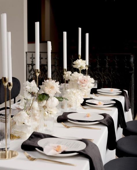 Timeless black & white with our Snow Weave table cloths & Black Velvet napkins :black_heart: Styling by @the.goodsmiths Florals by @anatomyofflowers Hire by @placesettings @thehireco Photography by @hotelamore.photography Venue @chapel1885 Wedding White Tablecloth Black Napkins, Wedding Table Black Napkins, Black Velvet Table Runner, Wedding Table Settings Black Table Cloth, Black Wedding Napkins, Black Napkin Table Setting, Wedding Black Napkins, Black Napkins Wedding Place Settings, Black Table Cloth Wedding Decor