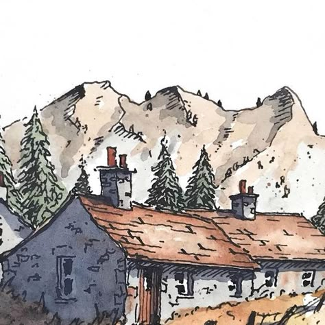 Old Cabin Drawing, Nature Sketching, Cabin Sketch, Cabin Drawing, Fountain Pen Drawing, Old Cabin, Drawing Scenery, Watercolor Scenery, Watercolor Art Landscape