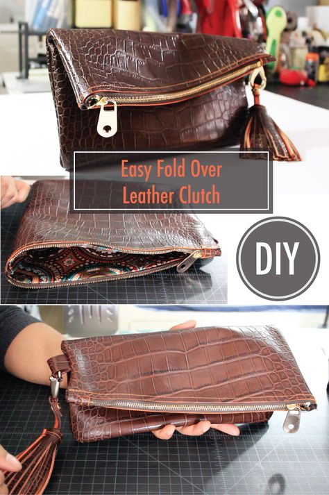 DIY Leather Fold Over Clutch. A video tutorial with step by step directions can be found on YouTube. Written instructions can be found on Instructables. http://www.instructables.com/you?show=PUBLISHED Leather Clutch Pattern, Leather Purse Diy, Diy Leather Clutch, Leather Templates, Clutch Bag Tutorial, Diy Clutch Purse, Purses Diy, Diy Clutch Bag, Leather Tutorial