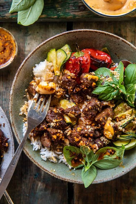 Bowls With Ground Beef, Beef Bowls Recipe, Crockpot Beef Chili Half Baked Harvest, Pork Bowls, Beef Rice Bowls, High Protein Beef Recipes, Korean Beef Bowl Half Baked Harvest, Zucchini Rice Bowl, Thai Basil Beef Bowls