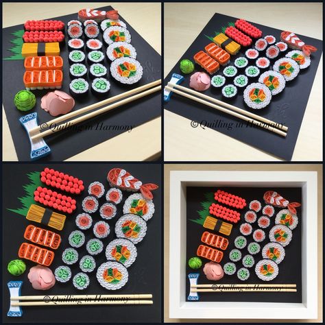 Sushi Paper Craft, Quilling Ideas Unique, Quilling Food, Quilling Miniatures, Paper Sushi, Paper Clips Diy, Sushi Shop, Quilling Dolls, Diy Quilling Crafts