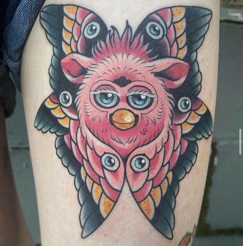 Long Furby Tattoo, Midwest Tattoo Ideas, Weird Traditional Tattoo, Furby Tattoo, Weird Tattoo Ideas, Oddity Tattoo, Morgan Tattoo, Furby Art, Designing Tattoos