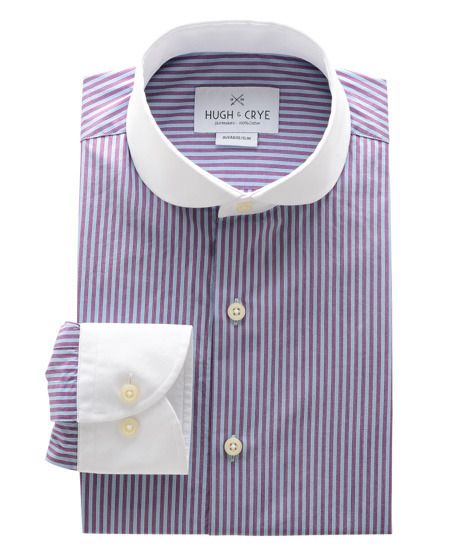 Purple and Blue Stripe Contrast Cutaway Club Collar Shirt - Chalky quantity appears to be available -> multiples of sizes could be put into shopping cart Club Collar Dress Shirt, Built Men, Club Collar Shirt, Gents Shirts, Athletic Body Type, Grey Lavender, Muscular Man, Shirt Collar Styles, Collar Shirt Men