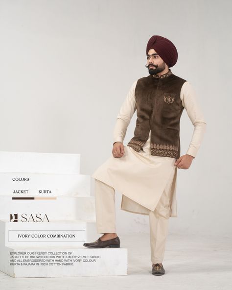 Explorer our trendy collection of jacket’s of brown colour with luxury velvet fabric and all embroidered with hand with Ivory colour kurta & pajama in rich cotton fabric. By SASA Panjabi Kurta Pajama For Man, Kurta Pajama Men With Jacket, Koti Kurta For Men, Koti Jacket For Men, Kurta Pajama Men Punjabi, Kurta Designs Men's, Pajama Men, Jodhpuri Suits, Indian Groom Dress