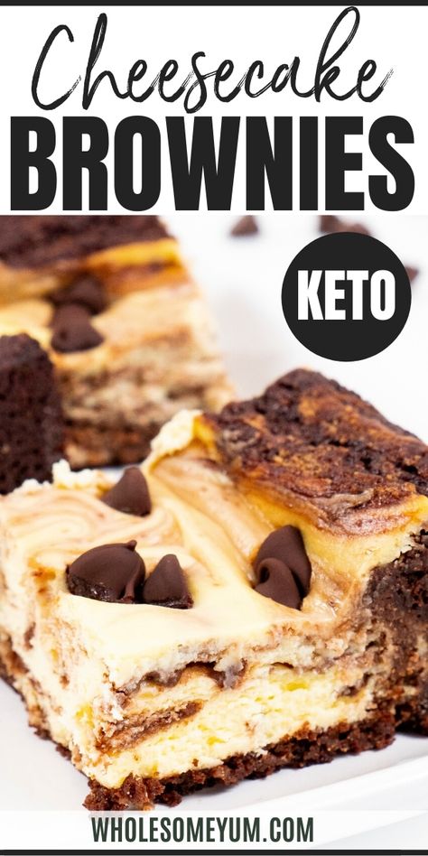 Keto Cheesecake Brownies Recipe - With this easy keto cheesecake brownies recipe, you get the best of both worlds, with 3g net carbs! Low carb brownie cheesecake bars are fudgy, rich, creamy, and chocolate-y. #wholesomeyum #keto #ketorecipes #ketodessert #chocolate #brownies #cheesecake #ketosweets #sugarfree Keto Cheesecake Brownies, Brownie Cheesecake Bars, Easy Keto Cheesecake, Low Carb Brownie, Brownies Cheesecake, Galletas Keto, Cheesecake Brownies Recipe, Cheesecake Brownie, Brownie Cheesecake