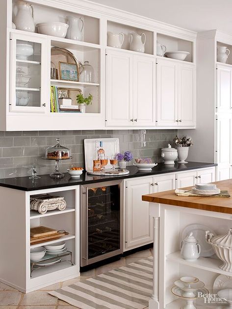 Open Cabinets Above Kitchen Cabinets, Cubby Above Kitchen Cabinets, Above Kitchen Cabinet Cubbies, Open And Closed Kitchen Cabinets, Kitchen Storage On Top Of Cabinets, Open Face Kitchen Cabinets, Kitchen Cubby Ideas, Glass Cabinets Kitchen, Dryer Cabinet