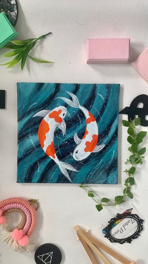 Koi Fish Four Canvas Painting Ideas, Fish Canvas Painting, Koi Fish Acrylic Painting, Fish Painting Acrylic, Fish Art Painting, Koi Fish Acrylic, Fishes Painting, Painting Canvas Easy, Square Canvas Painting