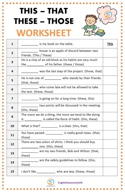 This That These Those Worksheet with Answers These Those Worksheet, This That These Those Activities, This That These Those Worksheet, This That These Those, Learn English Kid, English Language Learning Activities, Writing Sentences Worksheets, Demonstrative Pronouns, English Grammar For Kids