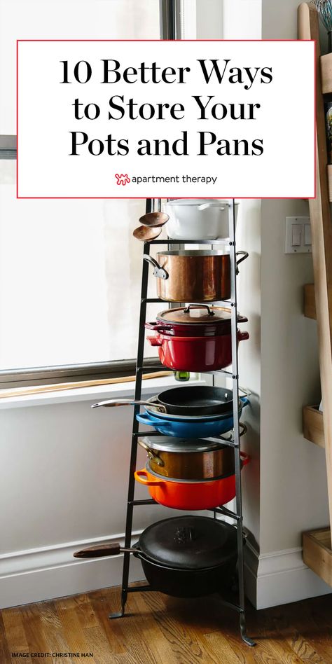 How To Store Pans And Pots, Hanging Food Storage, Cooking Pan Organization, Organize Kitchen Pots And Pans, Instant Pot Storage Ideas, Big Pots And Pans Storage, Pan And Pot Organization, Pot Organization Ideas, Bowl Storage Ideas