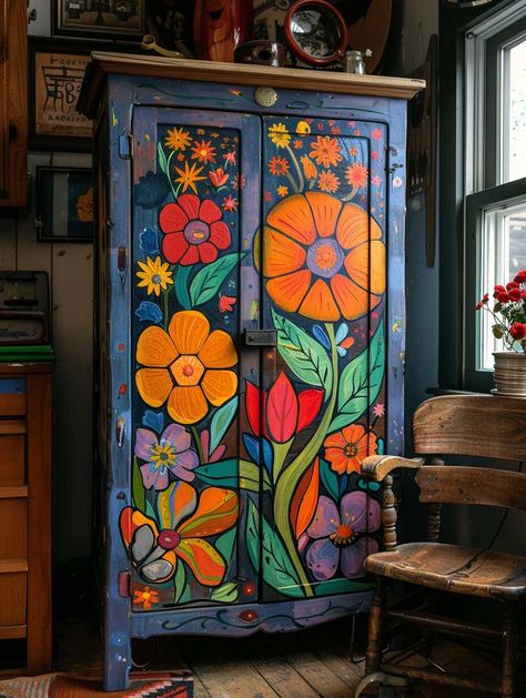 16 Whimsical Painted Furniture Ideas You Can't Ignore - Home Made Graceful Furniture Flower Painting, Cabinet Door Painting Ideas, Painting On Furniture Ideas, Hand Painted Dressers Bohemian, Home Furniture Design, Funky Painted Furniture Diy Dressers, Earthy Home Decor Ideas, Whimsical Home Decor Diy, Shop Pop Design