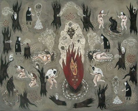 When the Moon is Full acrylic & gouache on wood 31.25" x 25.25" 2008 Pagan Rituals, Acrylic Gouache, Mystical Art, Dark Art, Painting & Drawing, The Moon, Folk Art, Illustration Design, Moose Art