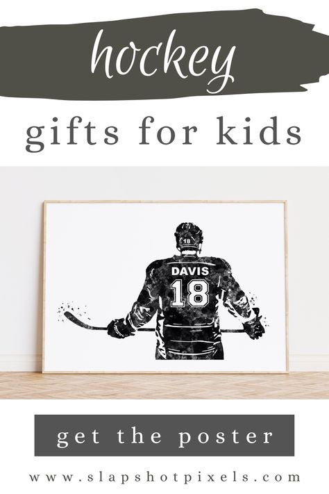 Personalized hockey posters with custom name and number on the hockey jersey. Hockey player designed in watercolor digital effect. The perfect personalized hockey gift for hockey players! Hockey Shadow Box Ideas, Hockey Team Christmas Gift Ideas, Senior Hockey Gifts, Hockey Manager Gift Ideas, Hockey Bedroom Ideas, Hockey Team Gift Ideas, Hockey Coach Gift Ideas, Hockey Bedroom Decor, Hockey Manager