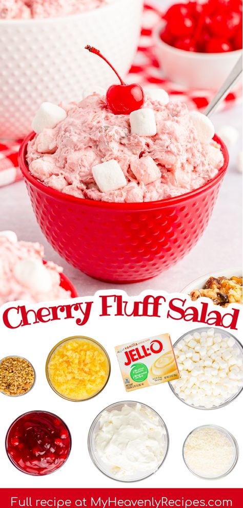 Cherry Marshmallow Fluff, Cherry Pineapple Jello Salad, Cherry Pineapple Fluff, Coolwhip Jello Fluff, Fruit Cocktail Fluff, Jello Fluff Recipes, Jello Fluff Salad, Cherry Fluff Salad, Fruit Fluff Salad