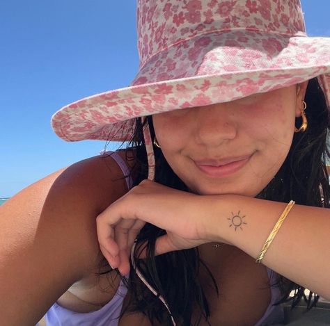 coconut summer girl ❀ Tiny Sun Tattoo, Ava Jules, Cowboy Hat Tattoo, Coconut Summer, Summer Tattoo, Sun Tattoos, Small Hand Tattoos, Sun Tattoo, Summer Girl