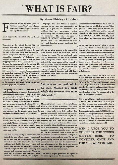 I found article that Anne wrote for newspaper. I also have a translation in spanish on my board. Feminist Newspaper Articles, Anne With An E Newspaper, Newspaper Article Aesthetic, Feminism Newspaper, My Anne With An E, Anne With An E Journal, Anne With An E Book, Spanish Wallpaper, Spanish Articles