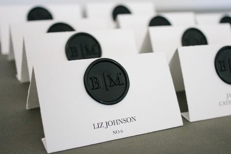 Idea for place cards using wax seal stamps! This would probably be pretty cheap after purchasing the initial wax stamp kit Place Cards Wax Seal, Wax Seal Place Cards, Wedding Reception Signage, Wedding Seating Cards, Wax Stamp Kit, Black And White Wedding Theme, Table Name Cards, Wedding Name Cards, White Wedding Theme