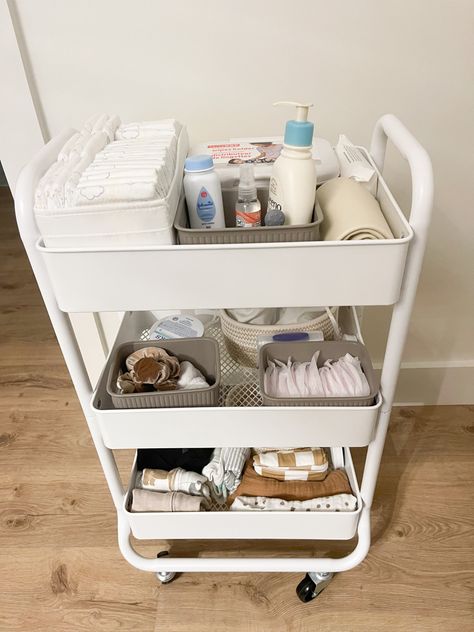 Nursery Utility Cart, Nursery Cart Essentials, Nappy Trolly Ideas, Diaper Cart Gift, 3 Tier Rolling Cart Ideas Baby, Baby Storage Cart, Baby Bedside Cart, Bedside Baby Cart, Baby Cart Organizer