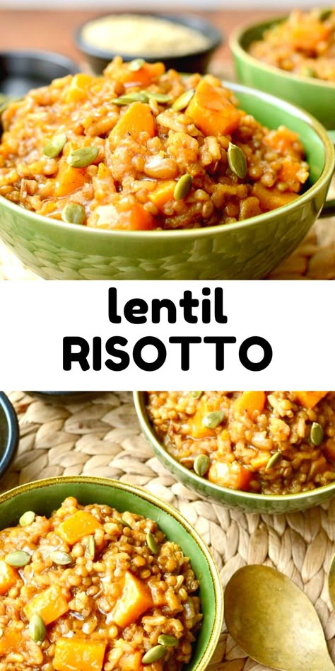 This squash lentil risotto is comforting and and nutritious all in one meal. Don't you just love one pot meals that are less work and washing up?! This vegan risotto is ready in 40 mins on the stovetop, or just 20 mins if you use a pressure cooker. Plus this easy lentil recipe is protein packed with 18g per serving! Try it for dinner soon... #easylentilrecipes #veganrisotto #onepotmeals Risotto With Butternut Squash, Butternut Squash Vegan, Lentil Recipes Easy, Lentil Recipe, Vegan Risotto, Board Recipes, Lentils And Rice, High Protein Vegan Recipes, Easy One Pot Meals