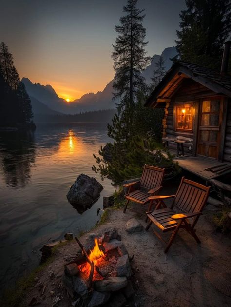 Mountains Cabin Aesthetic, Summer Lake Cabin Aesthetic, Hidden Bedroom, Cabin In The Woods Aesthetic Dark, Winter Cabin In The Woods Aesthetic, Cabin On Lake, Cabin Sunset, Beautiful Winter Pictures, Cozy Places