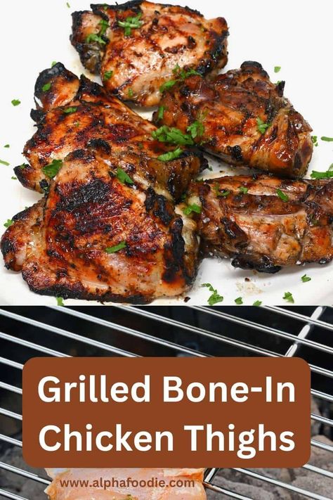 Perfectly grilled bone-in chicken thighs – tender and juicy in the middle, packed with flavor, and perfectly charred outside with the BEST homemade marinade! A quick and easy summer-time protein the entire family will love! Barbecue Chicken On The Grill, Grilled Bone In Chicken, Grilled Thighs, Bone In Grilled Chicken Recipes, Chicken Thigh Grill Recipe, Marinade For Chicken Thighs On The Grill, Bone In Chicken Thighs On The Grill, Grill Chicken Thighs, Barbecued Chicken Thighs