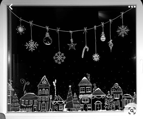 Chalk Windows Christmas, Chalk Paint On Windows Christmas, Window Christmas Decor Ideas Drawing, Draw Window Christmas, Window Winter Drawing, Window Christmas Drawing Ideas, Christmas Drawings On Windows, Winter Window Drawing Ideas, White Window Painting Christmas