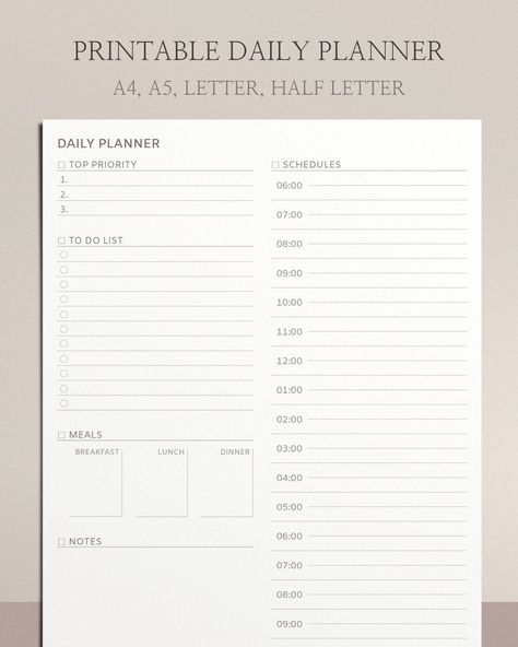 Minimalist Daily Planner Printable | Printable Planner Refills | Printable Hourly Planner pdf | Daily Schedule Template | Daily To Do List notiontemplate #readingplanner #itineraryplanner #plrplanner⏲. Planner Layout Templates, Homemade Planner, Printable Organization, Daily Planner Printables Free, Daily Planner Hourly, Daily Schedule Template, Itinerary Planner, Daily To Do List, Daily Agenda