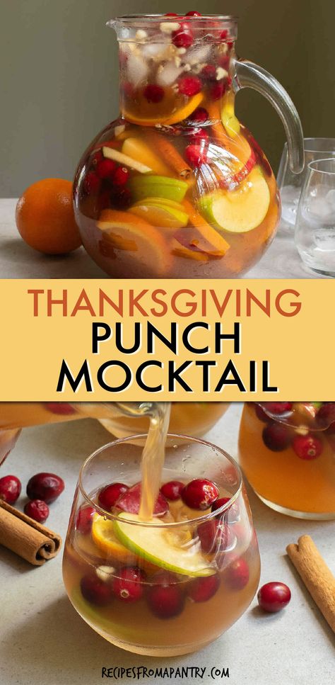 Our non-alcoholic Thanksgiving Punch is a hit with guests this holiday season! Made with delicious red and green apple slices, oranges, cranberries, apple cider, ginger ale, and cinnamon sticks, it's a delicious blend of fall flavors. Serve this Thanksgiving punch mocktail for parties, Thanksgiving drinks, Thanksgiving dinner, holiday drink & winter! Perfect for all ages and so easy to make – just slice, pour, and chill. #Thanksgiving #Punch #Holiday #Drinks #NonAlcoholic #Fall #Mocktail Thanksgiving Punch Cocktail Or Mocktail, Thanksgiving Drinks Non Alcoholic Pitcher, Thanksgiving Punch Recipes Non Alcoholic Easy, Red And Green Dinner, Thanksgiving Mocktail Recipe Easy, Thanksgiving Drinks For A Crowd Nonalcoholic, Non Alcoholic Thanksgiving Punch, Thanksgiving Mocktail Recipe Pitcher, Fall Mocktail Recipe Pitcher