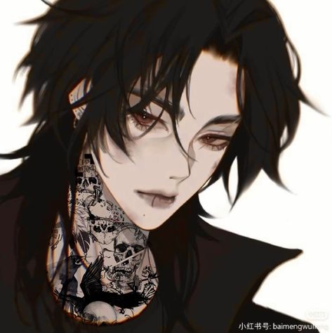 Anime Male with Black Hair, Neck Tattoos, Piercing. Bruises- Manga Guy With Tattoo, Anime Tattooed Guy, Anime Tattooed Character, Guy With Tattoos Drawing, Tattooed Oc Male, Anime Oc With Tattoos, Hot Anime Male Character Art, Tattooed Anime Guys, Anime Men With Tattoos