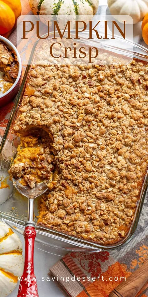 If you love Pumpkin Pie and oaty cinnamon streusels, you're going to love this easy Pumpkin Crisp! This fool-proof recipe doesn't require any baking skills and is a real crowd pleaser. #pumpkincrisp #crisp #pumpkinrecipe #pumpkindessert #pumpkinpiecrisp Holiday Desserts Halloween, Easy Holiday Desserts Christmas, Holiday Desserts Thanksgiving, Pumpkin Recipes Dinner, Pumpkin Crisp, Holiday Desserts Christmas, Pumpkin Recipes Healthy, Savory Pumpkin Recipes, Dump Cakes