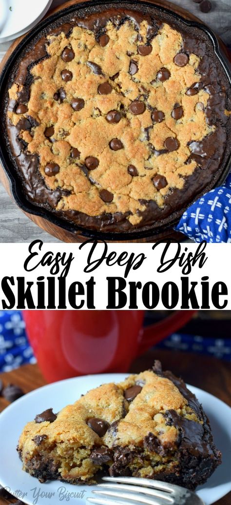 Skillet brookie is a delicious combination of fudgy brownie, and chewy chocolate chip cookie. Best of both worlds in every bite. #chocolatechipcookie #brownies #brookie #easydessert Skillet Brookie, Brookie Recipe, Skillet Desserts, Cookie Skillet, Fudgy Brownie, Chocolate Fudge Brownies, Skillet Cookie, Skillet Recipes, Chewy Chocolate Chip