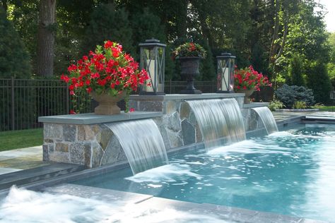 Waterfall Designs, Pool Waterfalls, Swimming Pool Fountains, Swimming Pool Waterfall, Rectangle Pool, Dream Backyard Pool, Pools Backyard Inground, Modern Pool, Pool Water Features