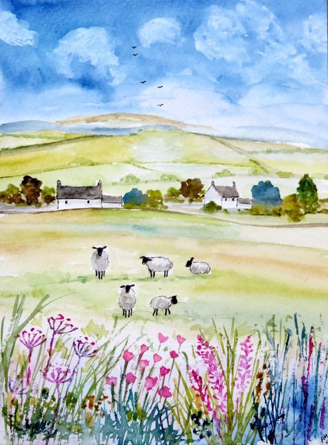 Children Book Illustration Watercolor, Painting Sheep, Watercolor House Painting, Watercolor Art Journal, Diy Watercolor Painting, Fall Watercolor, Diy Watercolor, Autumn Painting, Watercolor Animals