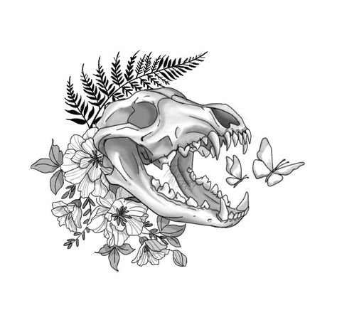 Animal Skull Sleeve Tattoo, K9 Skull Tattoo, Hyena Skull Tattoo, Wolf Skull Tattoo Flowers, Wolf Skull Tattoo Design, Coyote Skull Drawing, Fox Hand Tattoo, Animal Skull Tattoos For Women, Canine Skull Tattoo