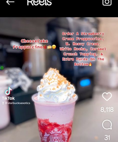 Strawberry Cheesecake Starbucks Drink, Strawberry Cheesecake Frappuccino, Star Bucks Drinks, Strawberry Starbucks Drink, Starbs Drinks, Starbucks Copycat Recipes Drinks, Strawberry Frappuccino, Starbucks Ideas, Starbucks Drink Menu