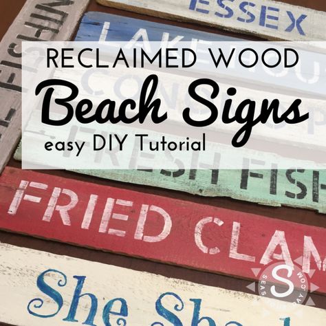 Wood Beach Signs, Wooden Beach Signs, Beach Signs Diy, Beachy Signs, Beach Wood Signs, Coastal Paint Colors, Beach Signs Wooden, Shrimp Scallops, Coastal Farmhouse Decor