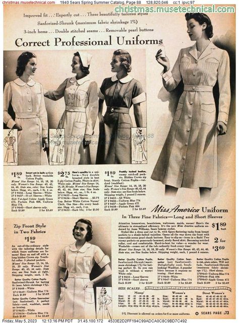 1940 Sears Spring Summer Catalog, Page 88 - Catalogs & Wishbooks Professional Uniforms, Smart Set, Nursing Cap, Rosie The Riveter, 40s Fashion, 1940s Fashion, Fine Fabric, Cotton Poplin, Spring Summer