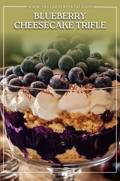 A delightful and creamy Blueberry Cheesecake Trifle made with layers of fluffy cheesecake, soft cake, and sweet blueberry filling. Perfect for any occasion! Blueberry Trifle Desserts, Blueberry Cheesecake Trifle, Blueberry Trifle Recipe, Blueberry Trifle, Fluffy Cheesecake, Trifle Recipes, Blueberry Filling, No Bake Blueberry Cheesecake, Christmas Yummies