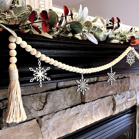 Wood Beaded Garland, Wood Garland, Winter Garland, Valentine Garland, Wood Snowflake, Snowflake Garland, Winter Decorating, Wood Christmas Tree, Christmas Tree Garland