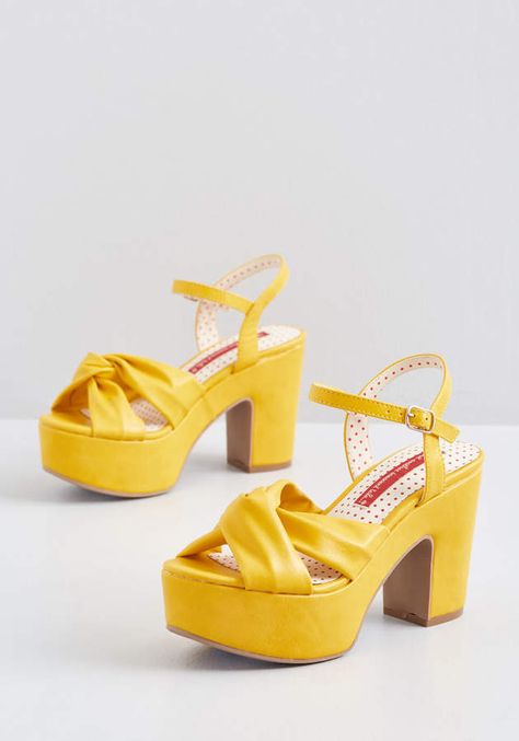 No Brand Shown Boldest Intention Platform Heel Chunky Wedges, Unique Shoes, Platform Heel, Fancy Outfits, Bright Light, Gold Fashion, High Heel Boots, Bright Yellow, No Brand