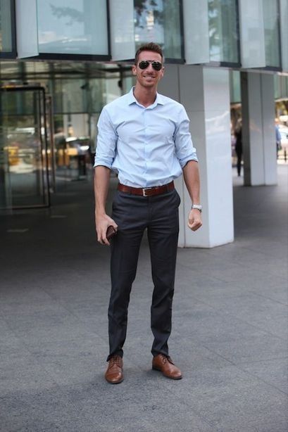 Brown Pants, Blue Shirt, A Man, Building, Pants, Blue, Trousers